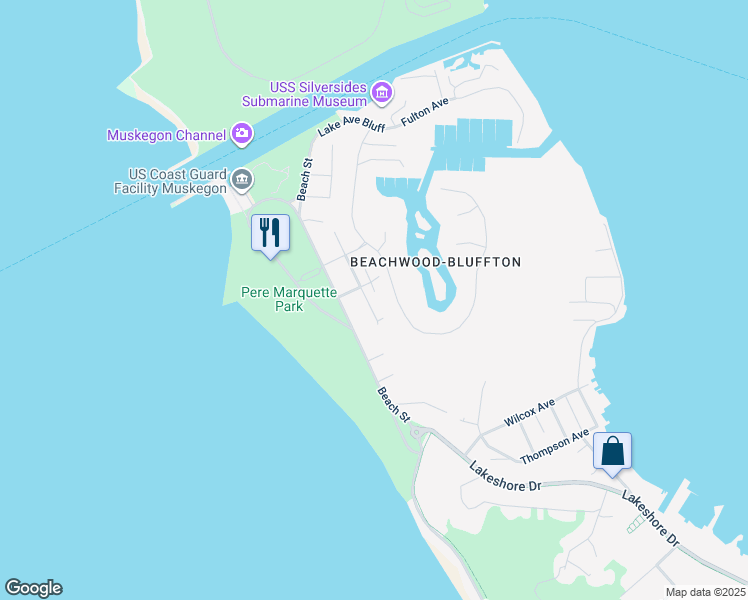 map of restaurants, bars, coffee shops, grocery stores, and more near 1634 Nelson Street in Muskegon