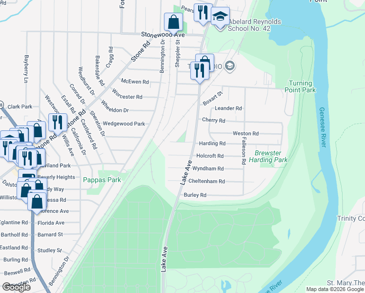 map of restaurants, bars, coffee shops, grocery stores, and more near 29 West Boulevard Parkway in Rochester