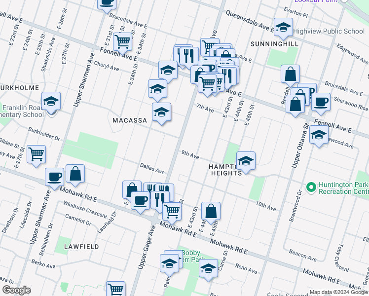 map of restaurants, bars, coffee shops, grocery stores, and more near 745 Upper Gage Avenue in Hamilton