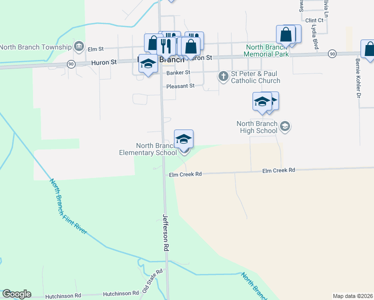 map of restaurants, bars, coffee shops, grocery stores, and more near 4055 Elm Creek Road in North Branch