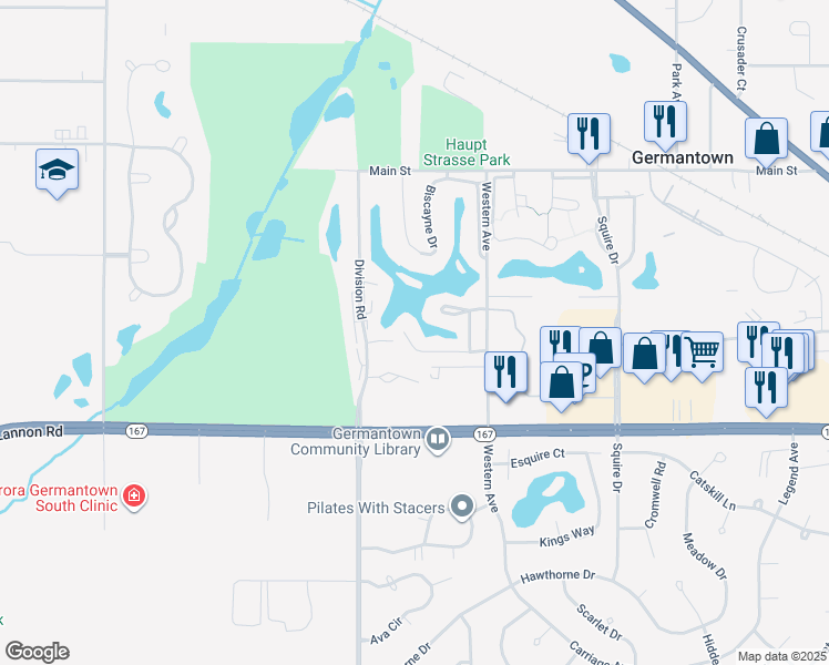 map of restaurants, bars, coffee shops, grocery stores, and more near N113W16967 Murillo Drive in Germantown