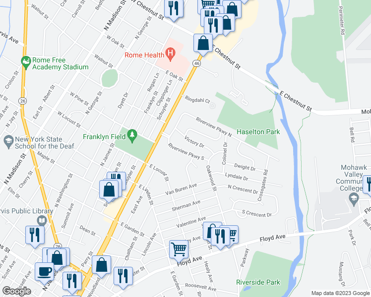 map of restaurants, bars, coffee shops, grocery stores, and more near 114 Victory Drive in Rome