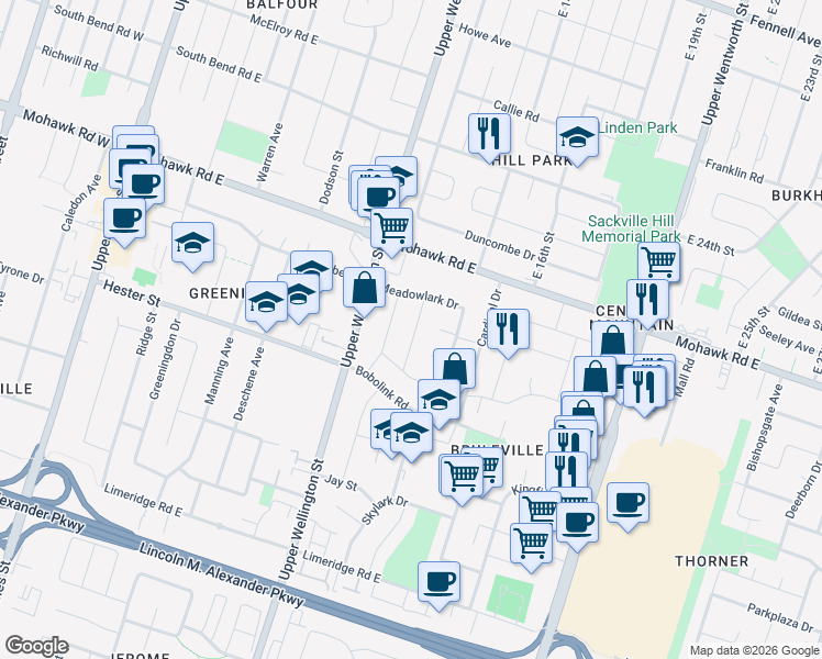 map of restaurants, bars, coffee shops, grocery stores, and more near 13 Redwing Road in Hamilton
