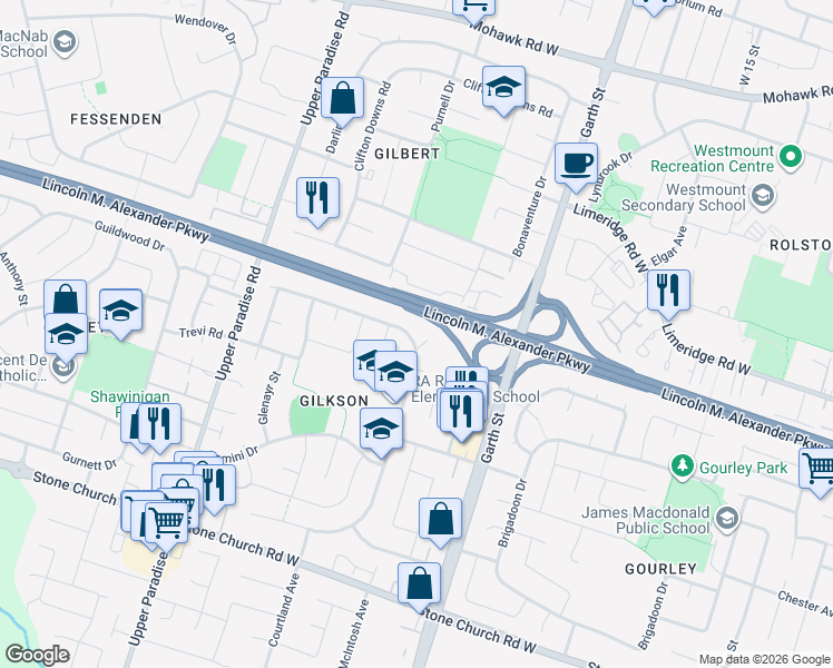 map of restaurants, bars, coffee shops, grocery stores, and more near 143 Cranbrook Drive in Hamilton