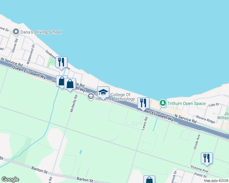 map of restaurants, bars, coffee shops, grocery stores, and more near 1073 North Service Road in Hamilton