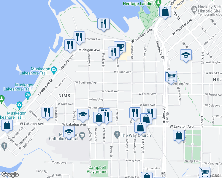 map of restaurants, bars, coffee shops, grocery stores, and more near 990 West Forest Avenue in Muskegon