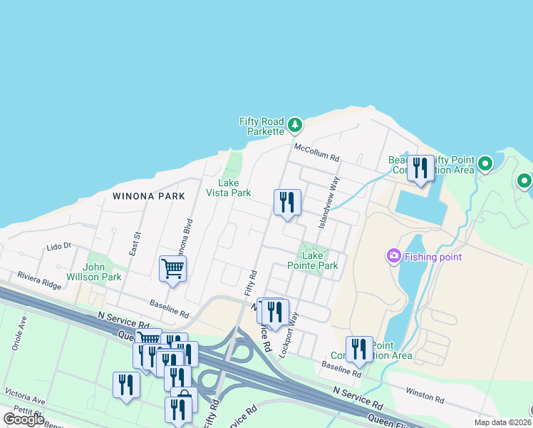 map of restaurants, bars, coffee shops, grocery stores, and more near 20 Kingston Road in Hamilton