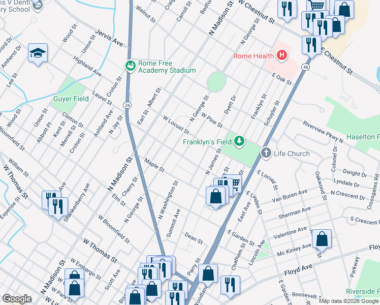 map of restaurants, bars, coffee shops, grocery stores, and more near 110 West Linden Street in Rome
