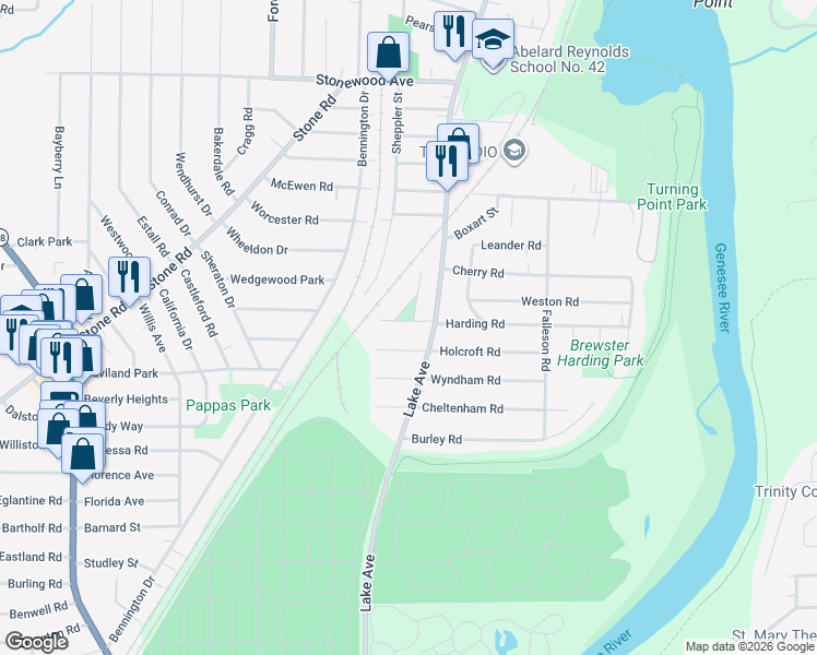 map of restaurants, bars, coffee shops, grocery stores, and more near 29 West Boulevard Parkway in Rochester