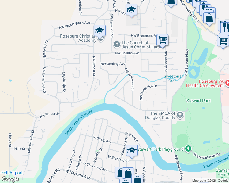 map of restaurants, bars, coffee shops, grocery stores, and more near 1306 Northwest Whipple Avenue in Roseburg