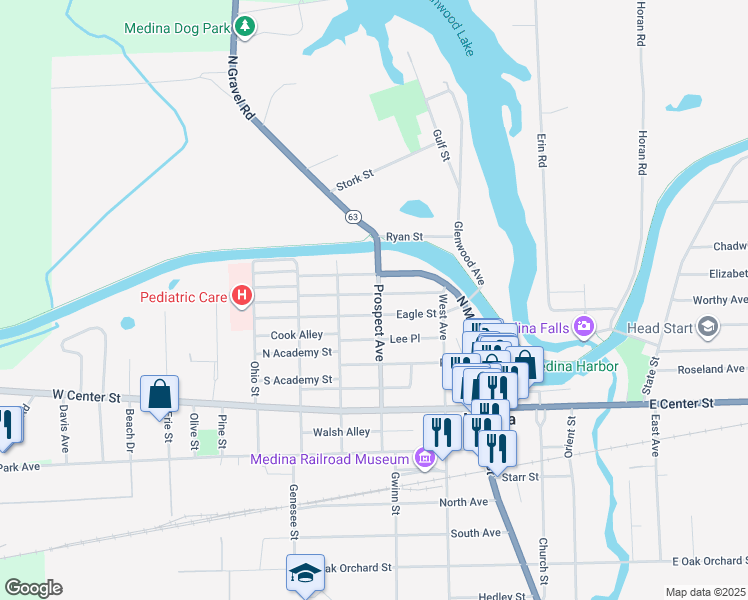 map of restaurants, bars, coffee shops, grocery stores, and more near 209 Prospect Avenue in Medina