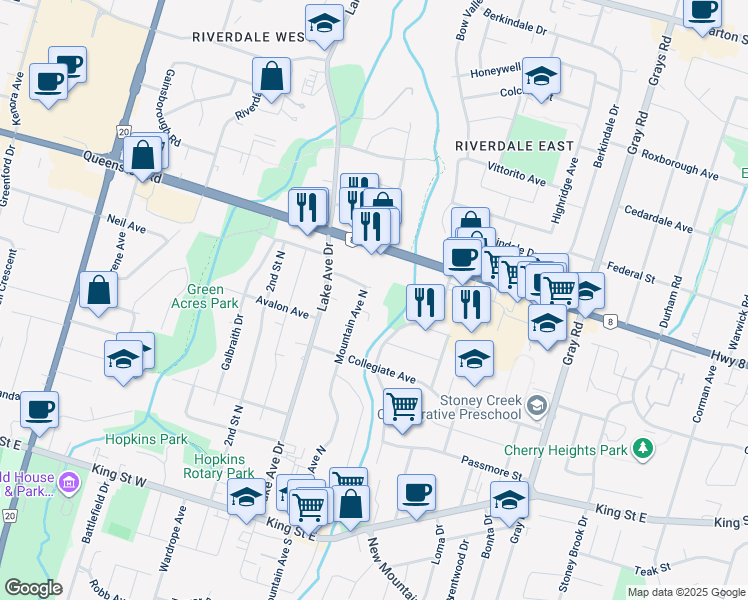 map of restaurants, bars, coffee shops, grocery stores, and more near 93 Mountain Avenue North in Hamilton