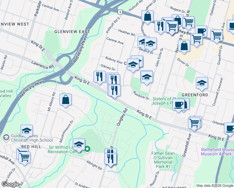 map of restaurants, bars, coffee shops, grocery stores, and more near in Hamilton