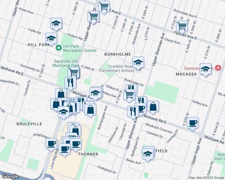 map of restaurants, bars, coffee shops, grocery stores, and more near 29 Gildea Street in Hamilton