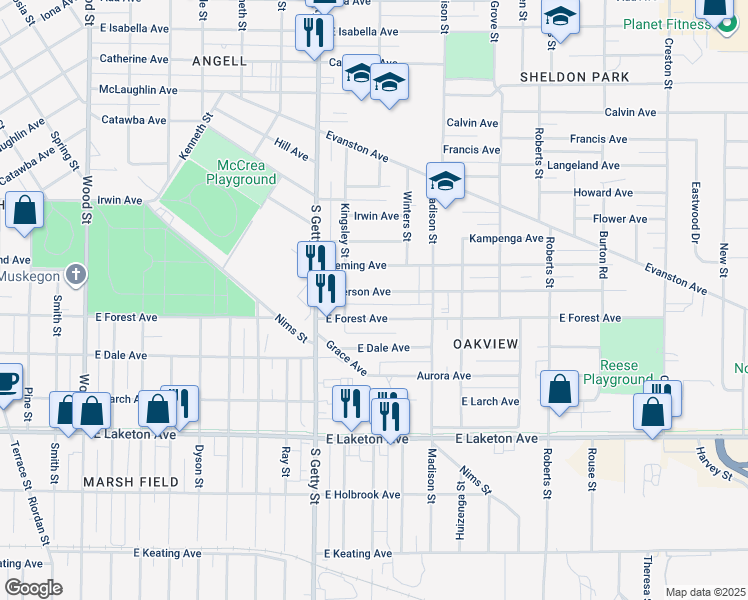 map of restaurants, bars, coffee shops, grocery stores, and more near 919 Emerson Avenue in Muskegon