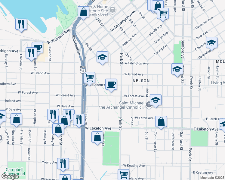 map of restaurants, bars, coffee shops, grocery stores, and more near 509 West Southern Avenue in Muskegon