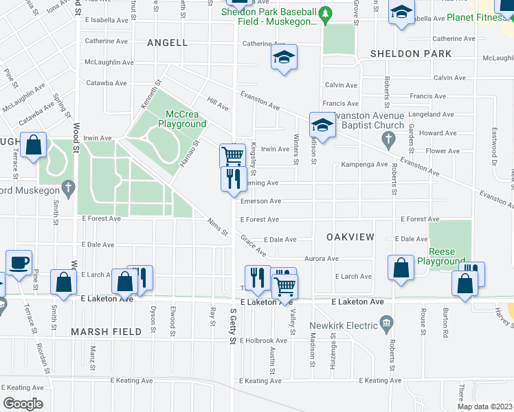 map of restaurants, bars, coffee shops, grocery stores, and more near 859 Emerson Avenue in Muskegon