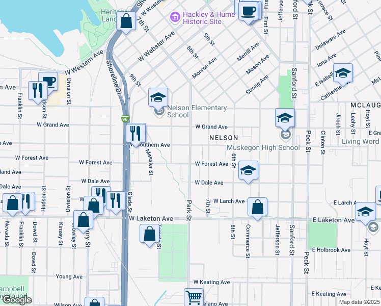 map of restaurants, bars, coffee shops, grocery stores, and more near 1580 Park Street in Muskegon