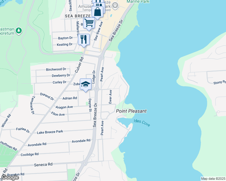 map of restaurants, bars, coffee shops, grocery stores, and more near 241 Point Pleasant Road in Irondequoit