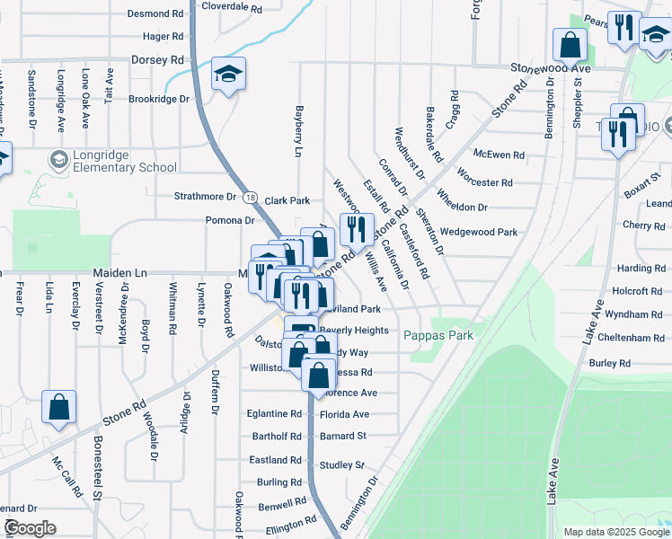 map of restaurants, bars, coffee shops, grocery stores, and more near 489 Stone Road in Rochester