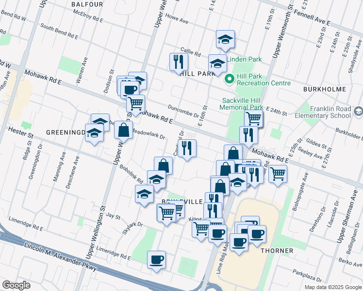 map of restaurants, bars, coffee shops, grocery stores, and more near 27 Cardinal Drive in Hamilton