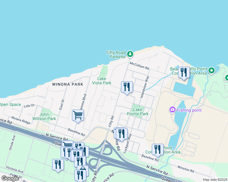 map of restaurants, bars, coffee shops, grocery stores, and more near 20 Kingston Road in Hamilton
