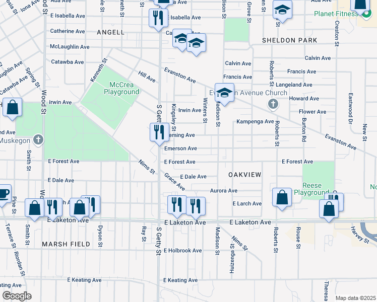 map of restaurants, bars, coffee shops, grocery stores, and more near 901 Emerson Avenue in Muskegon
