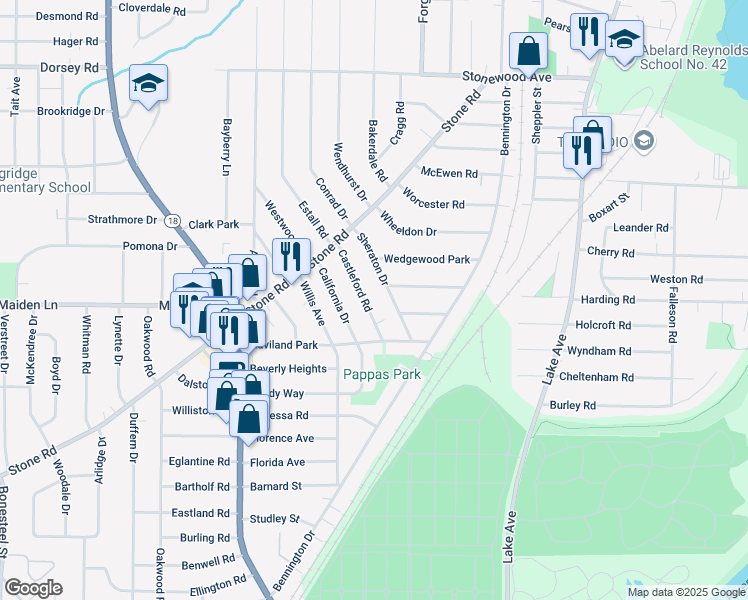 map of restaurants, bars, coffee shops, grocery stores, and more near 61 Castleford Road in Rochester