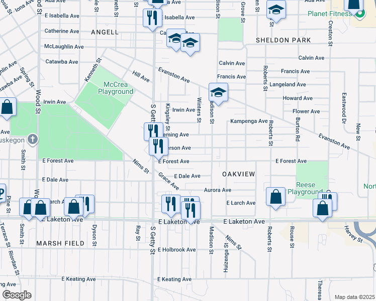 map of restaurants, bars, coffee shops, grocery stores, and more near 919 Emerson Avenue in Muskegon