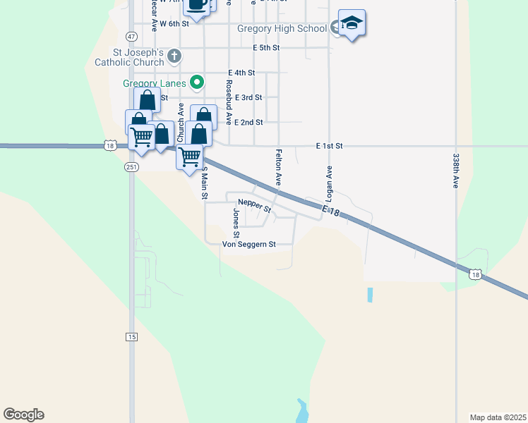 map of restaurants, bars, coffee shops, grocery stores, and more near 114 Nepper Street in Gregory