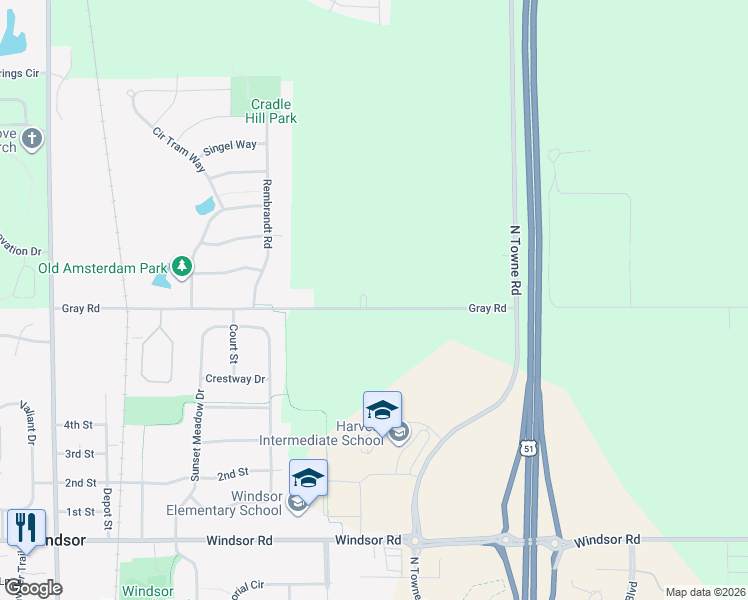 map of restaurants, bars, coffee shops, grocery stores, and more near 4302 Gray Road in DeForest