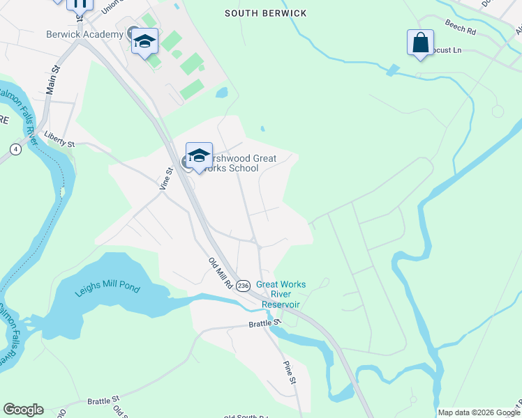 map of restaurants, bars, coffee shops, grocery stores, and more near 5 Birch Drive in South Berwick