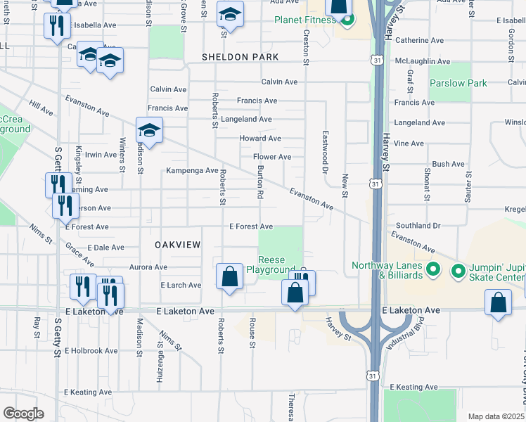 map of restaurants, bars, coffee shops, grocery stores, and more near 1281 Emerson Avenue in Muskegon