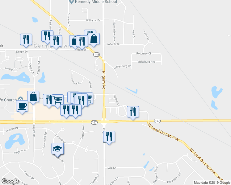 map of restaurants, bars, coffee shops, grocery stores, and more near N114W15518 Sylvan Circle in Germantown