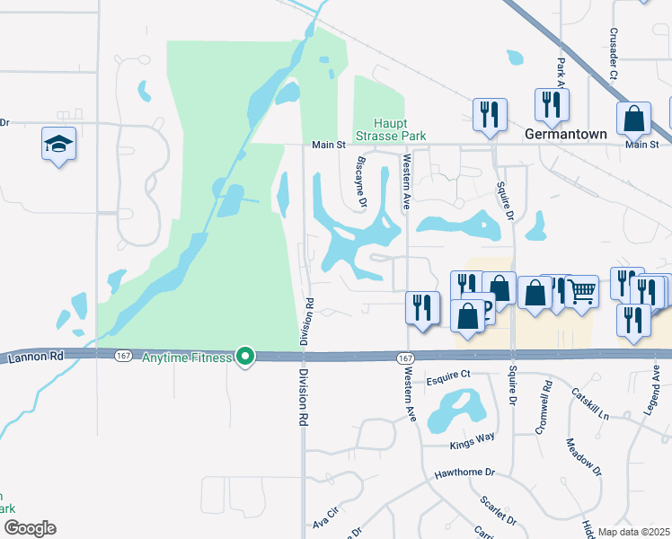 map of restaurants, bars, coffee shops, grocery stores, and more near W172N11368 Division Road in Germantown