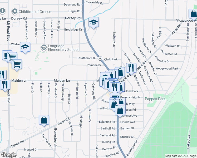 map of restaurants, bars, coffee shops, grocery stores, and more near 98 Maiden Lane in Rochester