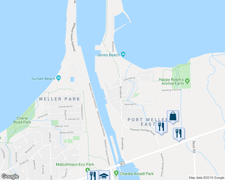 map of restaurants, bars, coffee shops, grocery stores, and more near 14 Brigantine Court in St. Catharines