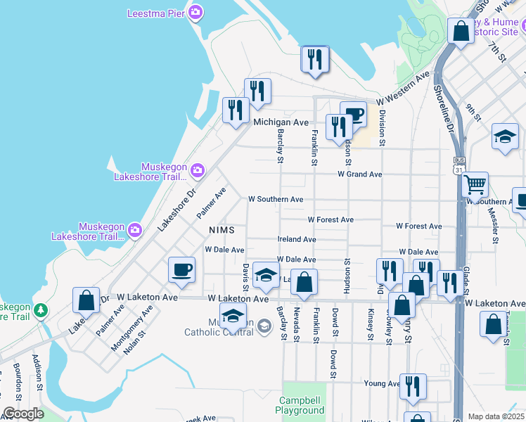 map of restaurants, bars, coffee shops, grocery stores, and more near 1161 West Southern Avenue in Muskegon