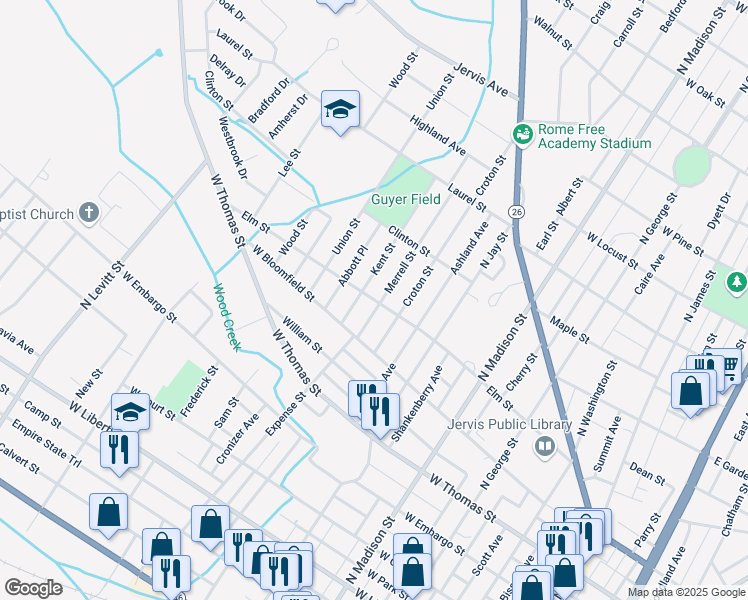 map of restaurants, bars, coffee shops, grocery stores, and more near 617 Elm Street in Rome