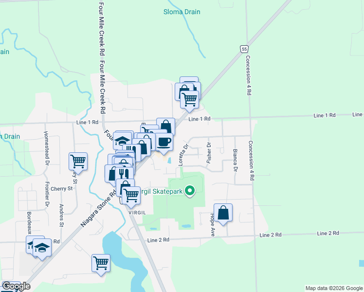 map of restaurants, bars, coffee shops, grocery stores, and more near 66 Loretta Drive in Niagara-on-the-Lake