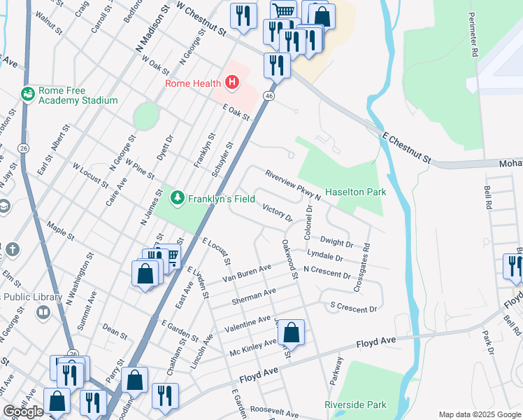 map of restaurants, bars, coffee shops, grocery stores, and more near 114 Victory Drive in Rome