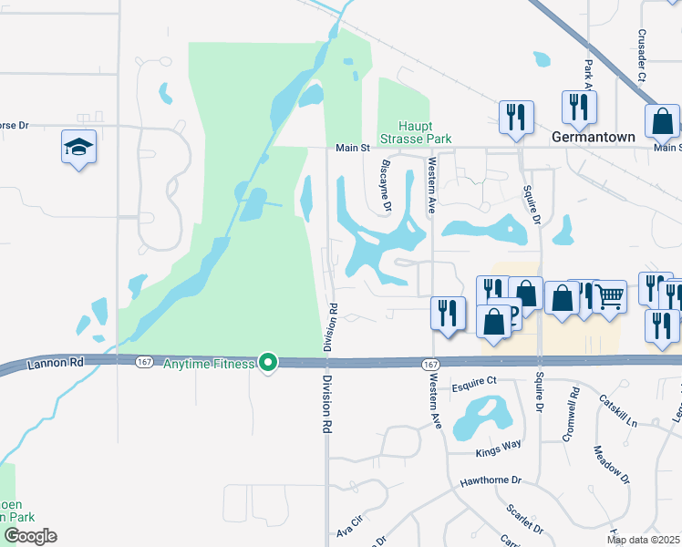 map of restaurants, bars, coffee shops, grocery stores, and more near W172N11368 Division Road in Germantown