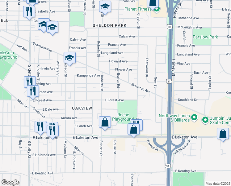 map of restaurants, bars, coffee shops, grocery stores, and more near 1281 Emerson Avenue in Muskegon