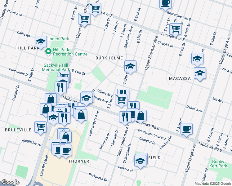 map of restaurants, bars, coffee shops, grocery stores, and more near 545 East 27th Street in Hamilton