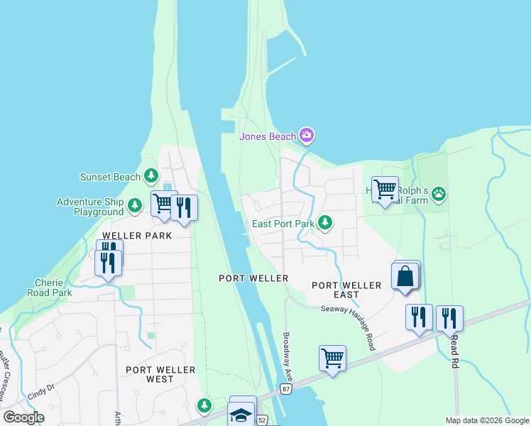 map of restaurants, bars, coffee shops, grocery stores, and more near 14 Brigantine Court in St. Catharines