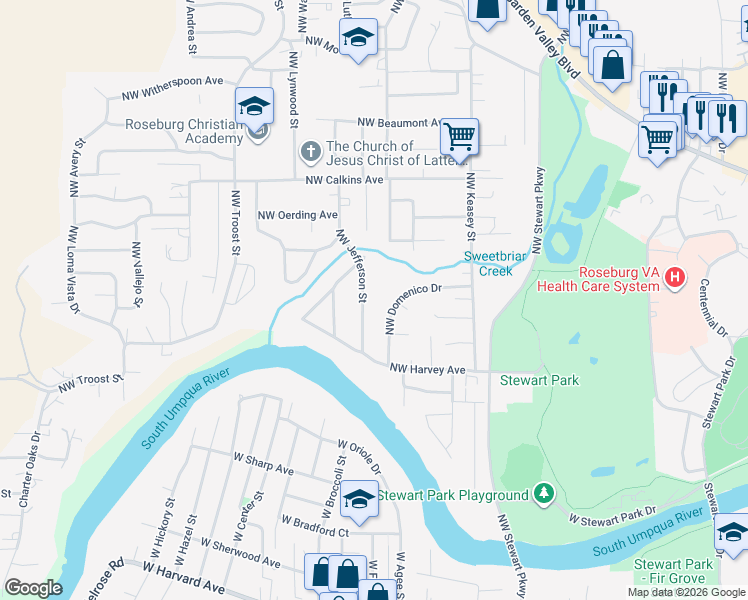 map of restaurants, bars, coffee shops, grocery stores, and more near 1341 Northwest Jefferson Street in Roseburg