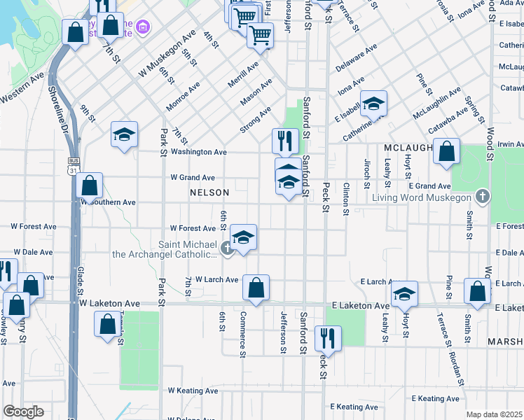 map of restaurants, bars, coffee shops, grocery stores, and more near 1578 5th Street in Muskegon