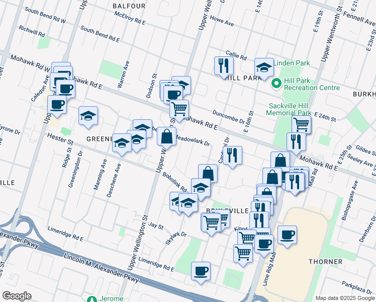 map of restaurants, bars, coffee shops, grocery stores, and more near 14 Redwing Road in Hamilton