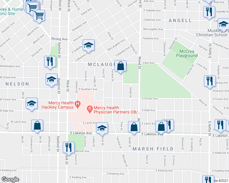map of restaurants, bars, coffee shops, grocery stores, and more near 1564 Terrace Street in Muskegon