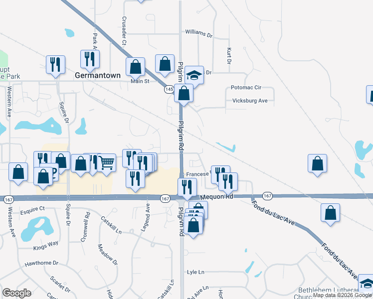 map of restaurants, bars, coffee shops, grocery stores, and more near N114W15556 Sylvan Circle in Germantown